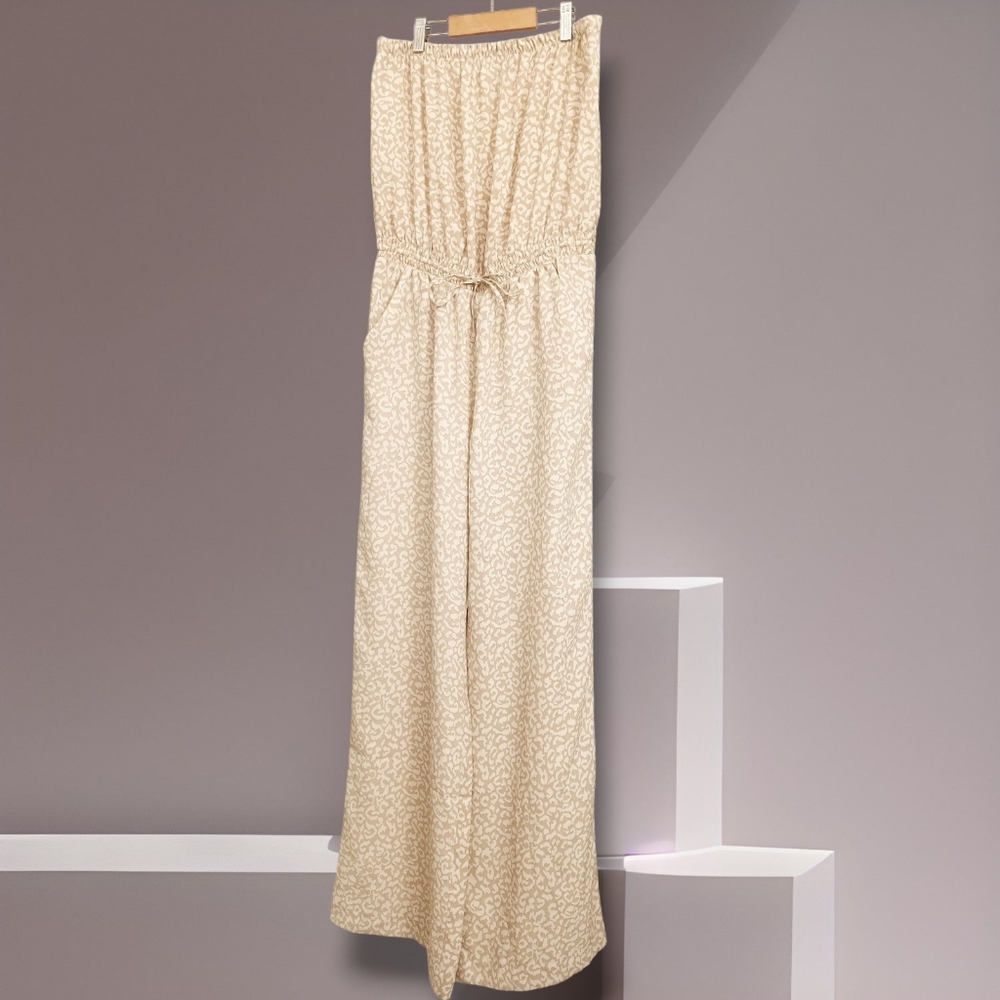 Ann Taylor Loft Boho Elegant Cream Beige Leopard Print Strapless Jumpsuit  S